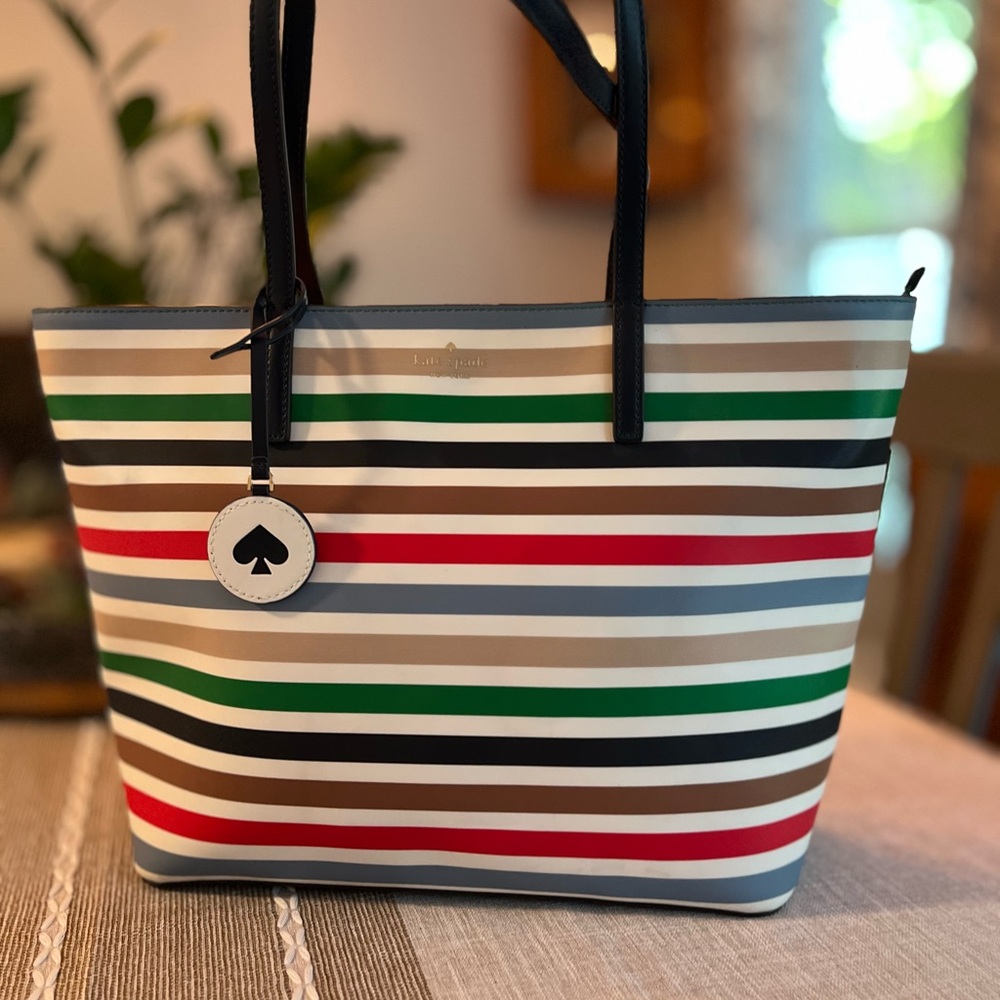 ♠️Kate Spade Striped Tote Bag Multicolor Shoulder Bag with Black Handles